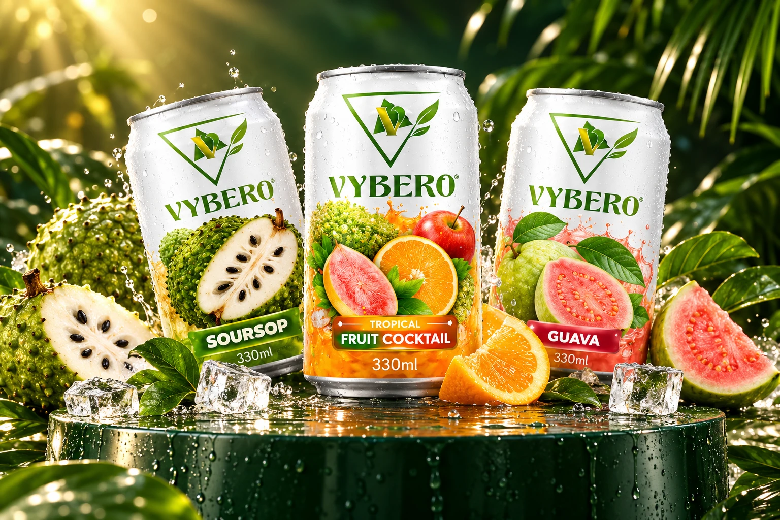 Vybero soursop, fruit cocktail and guava drinks with fresh fruit and ice